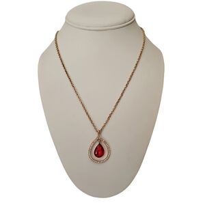 Monet Red Crystal Drop Necklace Teardrop Clear Rhinestones Pendant